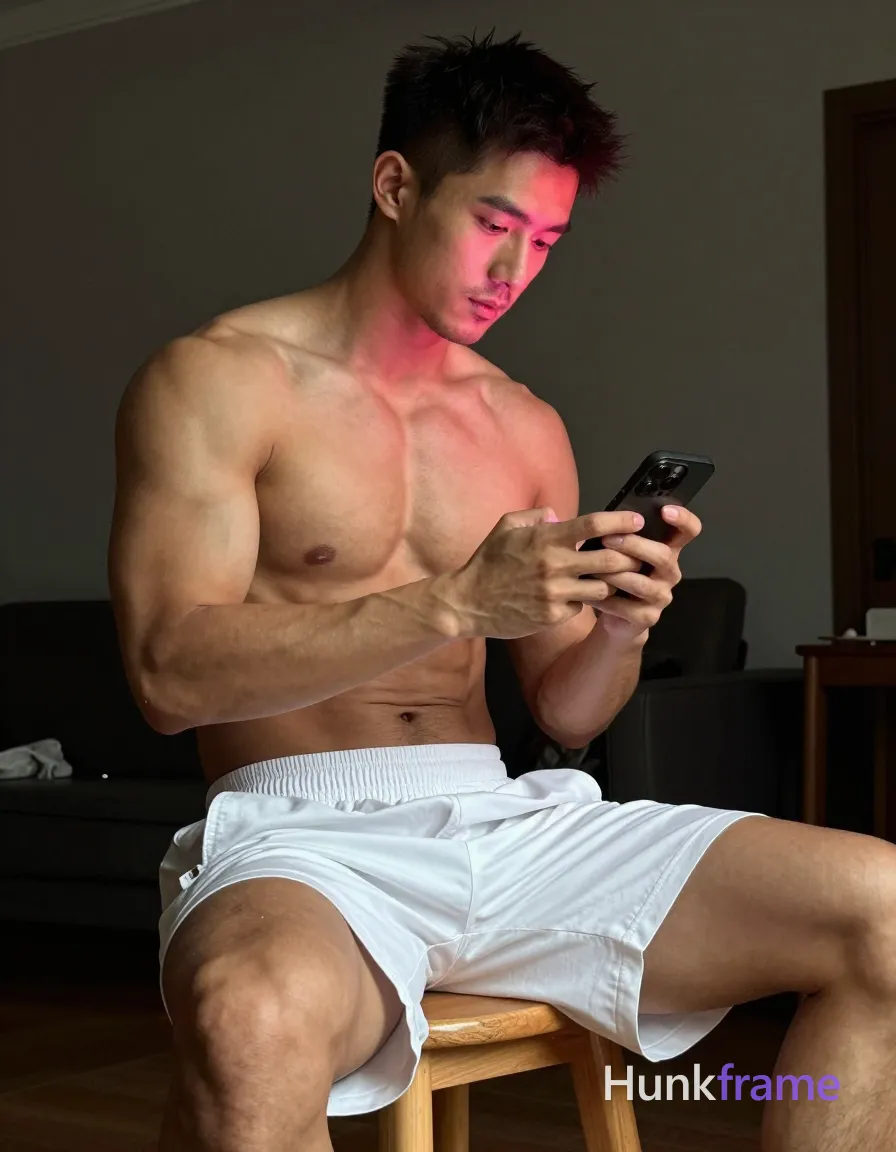 Asian man with tanned skin and short dark hair, clean-shaven chin with light stubble on jawline; Shirtless adult male seated sideways on a wooden stool in an indoor dimly lit room against a dark background; Torso angled forward slightly toward knees; left arm bent holding black smartphone at chest level, thumbs scrolling over screen as if typing; Right leg extended forward showing thick thighs with prominent quadriceps and hamstrings, white loose-fitting athletic shorts reaching mid-thigh covering lower legs; Entire upper torso including pectorals and abdomen exposed under dramatic side lighting highlighting musculature; Pinkish-red ambient glow from phone casts rim effect on hairline and shoulder; High contrast shallow depth of field fine-art editorial aesthetic portrait centered horizontally occupying majority of frame height with head in upper third looking down-right, shot on iPhone 15 Pro main camera, authentic smartphone computational photography, natural Smart HDR and true-to-life skin texture, vertical 9:16 Xiaohongshu lifestyle feed, bright clean everyday scene, unretouched phone photo with subtle sensor grain, trendy Chinese internet 网红; single clean uninterrupted photograph with a cohesive editorial composition and plain continuous surrounding surfaces