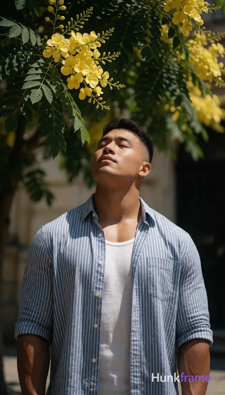 Heavily muscular adult man with substantial muscle mass, wide shoulders, thick neck, large chest and arms, powerful thighs, and dense bodybuilding proportions; Asian man with short dark undercut hair and clean-shaven face, serene expression eyes closed tilting head upward toward yellow blossoms; Standing upright slight lean back arms relaxed at sides wearing blue-and-white vertically striped button-down shirt sleeves rolled to mid-forearm over white ribbed tank top visible neckline torso coverage artistic partial nude chest exposed broad shoulders defined pectorals and abdominal muscles outdoors under flowering tree with green leaves blurred architectural background natural sunlight from above-left casting dappled shadows shallow depth of field fine-art photography dramatic lighting sculpted masculine form vertical portrait 13:19 aspect ratio, same aesthetic theme and photo feel as the reference but a different man in a different pose with distinct body proportions, Pacific Islander man, sun-kissed skin, stocky powerful legs, short curly hair; single clean uninterrupted photograph with a cohesive editorial composition and plain continuous surrounding surfaces