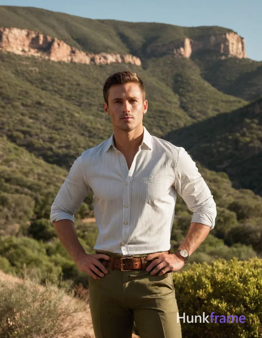 An athletic an anonymous figure man standing outdoors during late afternoon, sun casting warm shadows on his natural skin tone. He is dressed in a striped button-up shirt and olive green pants with a brown belt, hands together at chest level. The background features lush greenery and distant hills under a clear sky with soft golden light. Camera captures full-body shot emphasizing symmetry and posture