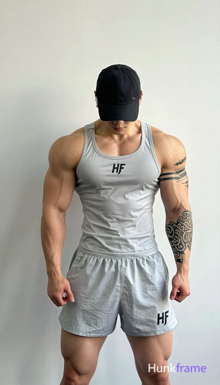 Asian muscular man with short black straight hair and clean-shaven face stands against a plain white wall, leaning slightly left; He wears a low-sitting black an anonymous figure cap, light grey fitted tank top reading 'HF', matching athletic shorts with logo on the leg; Arms fully exposed showing defined biceps, triceps, vascularity, and large tribal tattoo on left forearm; legs visible from thighs down; High-key lighting highlights physique details without harsh shadows; FULL GARMENT TEXT REPLACEMENT: remove every source garment word, sentence, slogan, logo, and partial brand spelling from every existing print area, then replace those source marks with only the wordmark, spelled exactly "HF"; This is replacement, Repeated "HF" marks are allowed only where the source garment already had printed text; preserve appropriate placement, typography, color, and scale, logo, caption, username, hashtag, comment, watermark, or UI chrome, shot on iPhone 15 Pro main camera, authentic smartphone computational photography, natural Smart HDR, vertical 9:16 Xiaohongshu lifestyle post, bright clean gym or; single clean uninterrupted photograph with a cohesive editorial composition and plain continuous surrounding surfaces