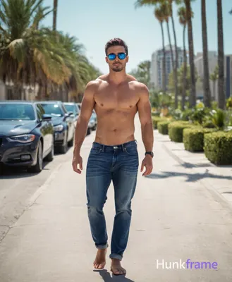 A shirtless, muscular man with dark hair and blue-tinted sunglasses walks confid