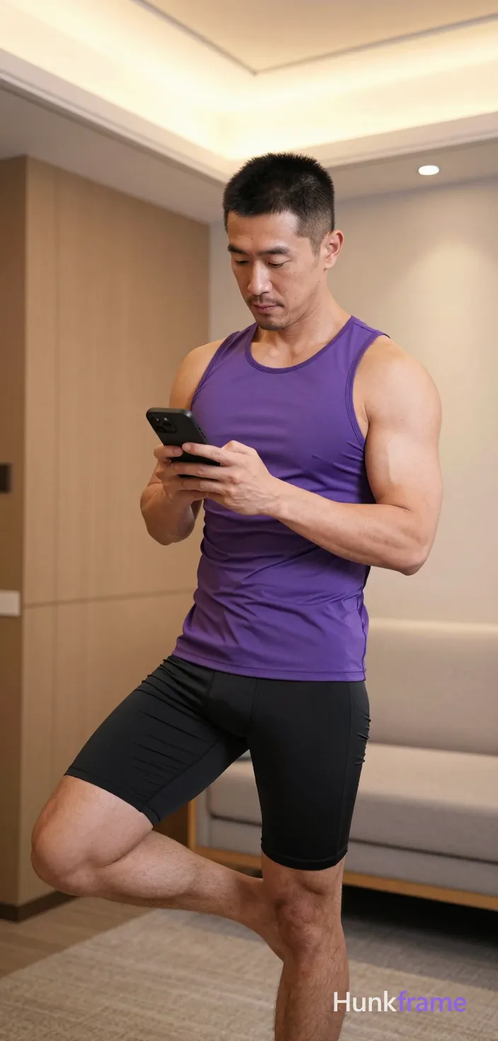 Asian man with short black buzz cut and light stubble stands in a modern apartment living room, right leg bent foot resting on left knee; He wears a tight purple sleeveless athletic tank top exposing chest hair and abdomen over broad shoulders and thick thighs, paired with mid-thigh black compression shorts; Holding a black smartphone with both hands to capture the view, thumbs poised for interaction under soft ambient indoor lighting from overhead fixtures against light wood paneling and beige walls; Slightly tilted angle portrait composition emphasizing defined pectorals and muscular calves in confident casual mood; single clean uninterrupted photograph with a cohesive editorial composition and plain continuous surrounding surfaces
