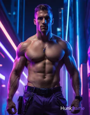 A handsome masculine man standing shirtless in a neon-lit cyberpunk cityscape, i