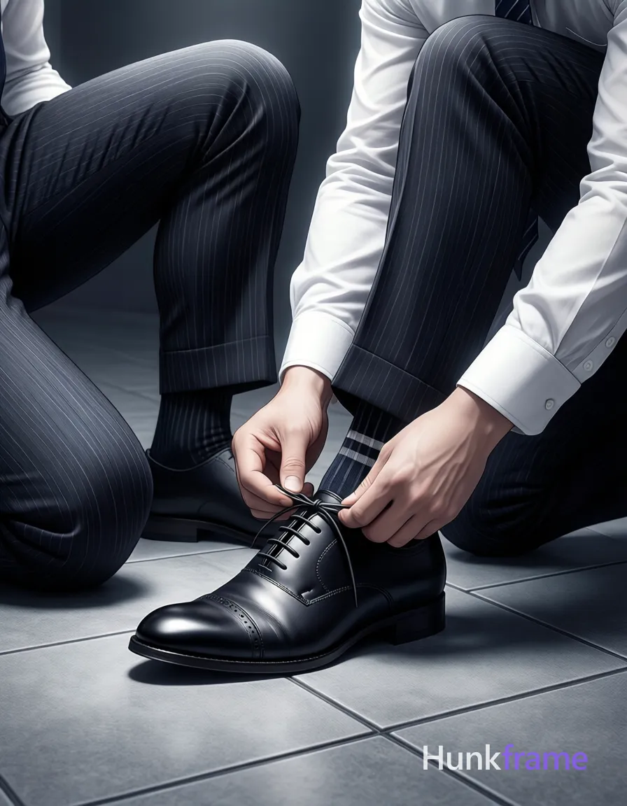 High-resolution anime 2.5D next-gen rendering of two adult men in a tight close-up fashion editorial shot focusing on lower legs and hands against large gray square tiles. One man sits with thick thighs extended, one leg bent, while the other kneels beside him to assist tying black leather cap-toe dress shoe laces. Both wear white long-sleeve button-ups with cuffs visible, dark pinstripe suit trousers, and black socks; kneeling subject wears striped socks. Soft directional overhead lighting casts subtle shadows under shoes along tile seams in a monochrome palette of black, white, navy, and gray. The composition is vertically oriented 13:19 portrait, cropped to exclude faces for an intimate, refined mood emphasizing texture and form., a single uninterrupted photograph only, no written words or typography anywhere in frame, no captions, no app UI, no social-media post layout, no screenshot borders