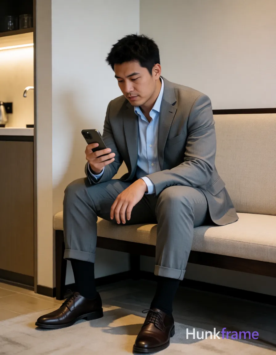 Very large heavy muscular stocky adult man with a broad thick torso, massive shoulders, thick neck, meaty chest and arms, powerful thighs, dense body hair, and heavyweight muscle-bear proportions; an anonymous figure man with light-medium skin and short black textured hair, clean-shaven face focused on a handheld smartphone; He wears a grey single-breasted suit jacket over an open-collared light blue button-down shirt, matching rolled trousers, black crew socks, and dark brown leather dress shoes; Seated sideways on a beige upholstered bench with dark wood frame in a modern interior with neutral walls and kitchenette visible to the left; Soft ambient indoor lighting emphasizes his thick stocky build within the minimalist decor setting; Vertical portrait composition capturing full-body shot from head to shoes, shot on iPhone 15 Pro main camera, authentic smartphone computational photography, natural Smart HDR and true-to-life skin texture, vertical 9:16 Xiaohongshu lifestyle feed, bright clean everyday scene, unretouched phone photo with subtle sensor grain, trendy Chinese internet 网红 aesthetic, candid influencer energy, phone held; single clean uninterrupted photograph with a cohesive editorial composition and plain continuous surrounding surfaces