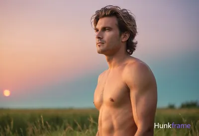 A bare-chested man with tousled hair standing in a grassy field at dusk, his bod