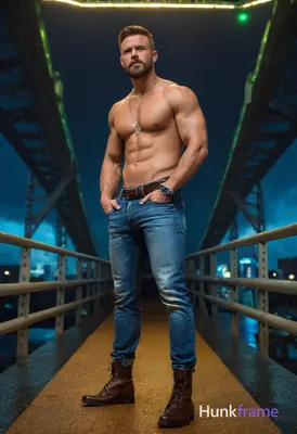 A muscular man poses confidently on a rainy, neon-lit bridge with a cyberpunk at