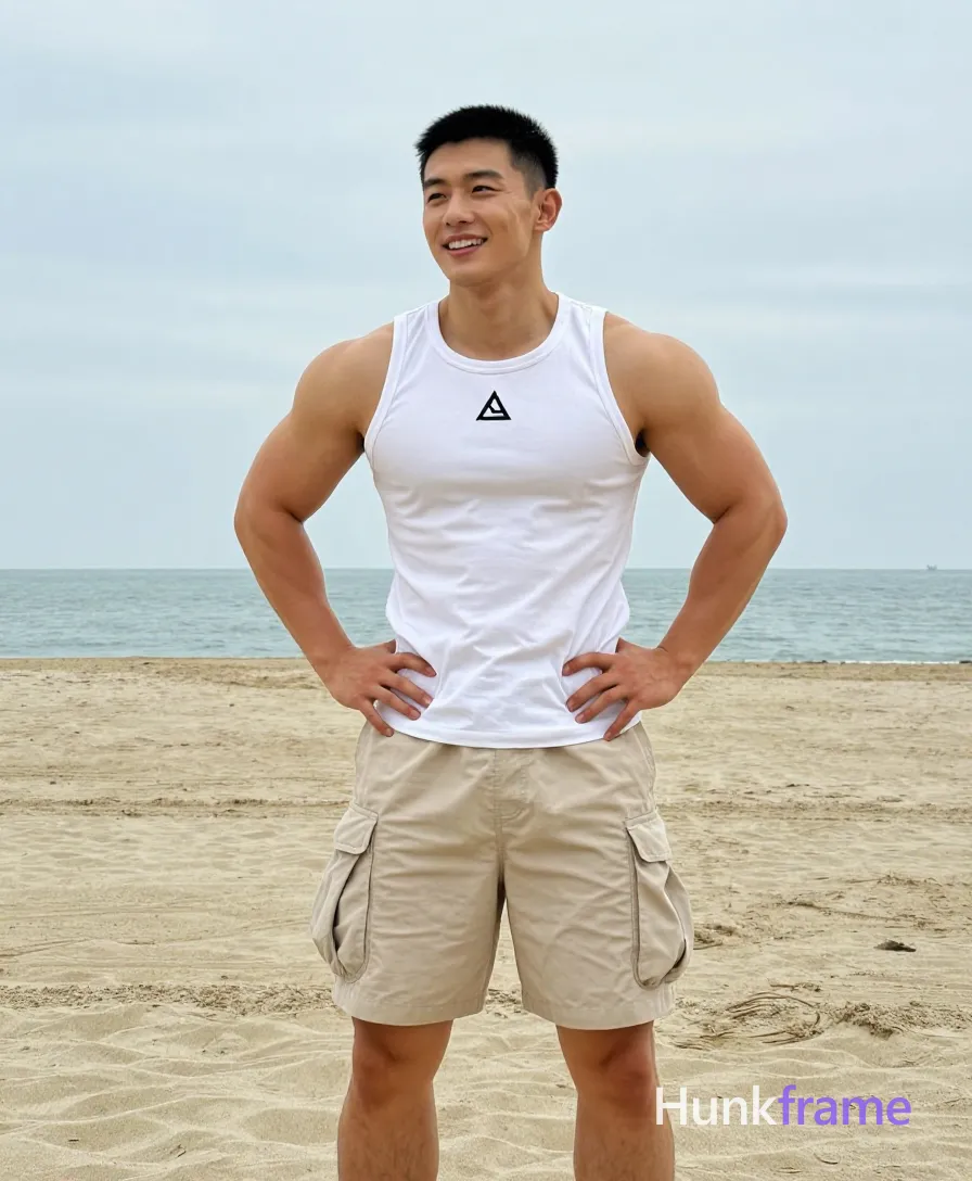Asian man with short black buzz cut and clean-shaven face, smiling confidently while looking slightly off-camera to the right; hands on hips, torso facing forward but head turned 45 degrees left; Wearing white sleeveless crew-neck tank top with small black geometric logo on chest and beige cargo shorts ending mid-thigh; Broad shoulders, defined pectorals, visible abdominal definition, thick thighs shown from thigh up to head; Setting is a beach with sand foreground and ocean horizon under overcast sky; Soft diffused daylight creates natural skin tones with minimal shadows; Clean composition, full-body shot centered in 13:19 vertical portrait orientation, shot on iPhone 15 Pro main camera, authentic smartphone computational photography, natural Smart HDR, vertical 9:16 Xiaohongshu lifestyle post, bright clean gym or cafe scene, wardrobe matching reference outfit, confident everyday blogger pose, phone photo with natural grain; single clean uninterrupted photograph with a cohesive editorial composition and plain continuous surrounding surfaces