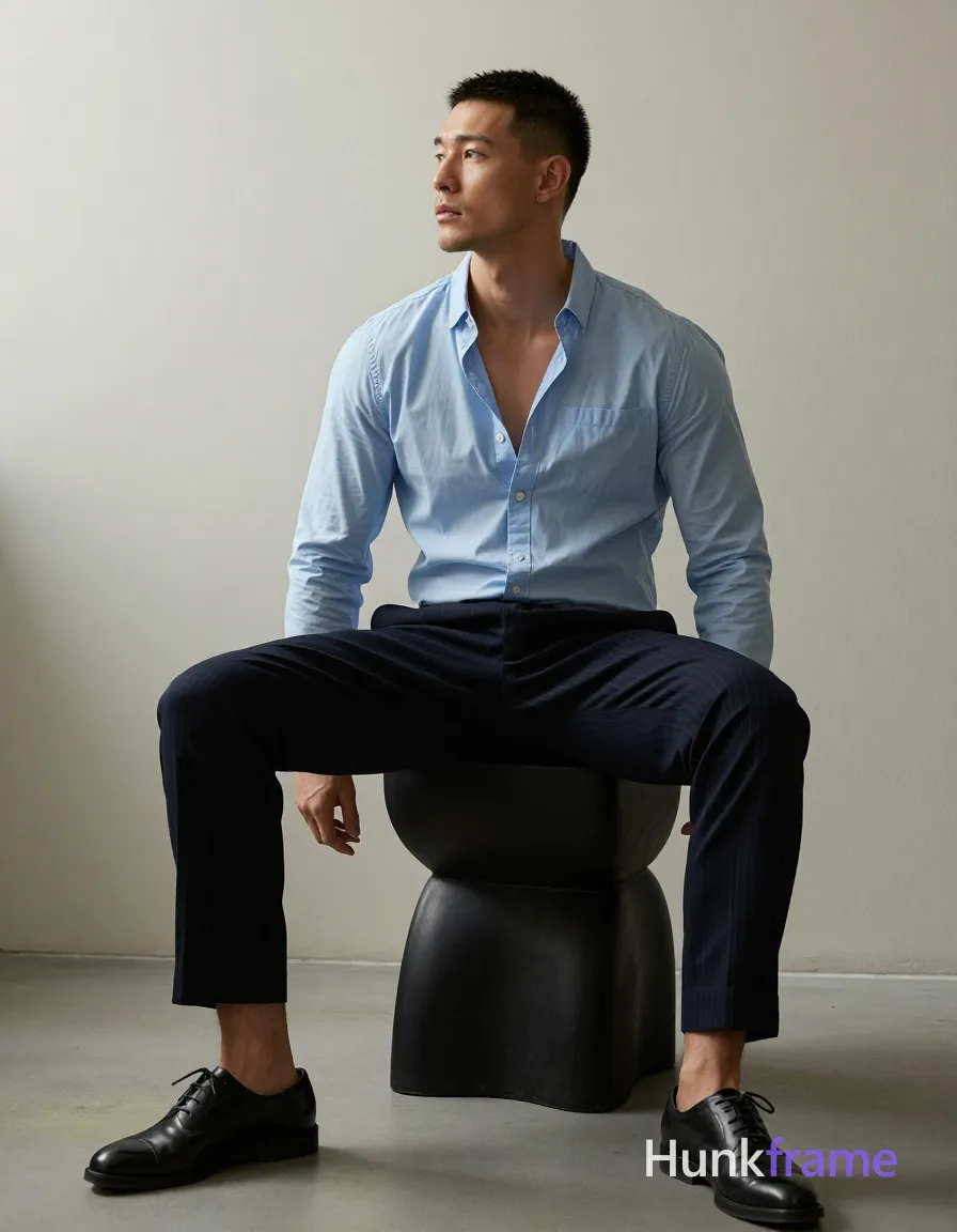 Asian adult man with short buzz cut and slight upper lip stubble, neutral contemplative gaze directed off-camera; Seated on a black sculptural stool in an indoor minimalist room with off-white walls, torso angled left while head turns upward to the side; Wearing light blue long-sleeve button-down shirt unbuttoned at top revealing chest and abdomen, single breast pocket visible, dark navy pinstripe dress trousers straight-leg cut, black leather oxford shoes with laces and cap-toe design; Full-body shot from mid-thigh up including feet, center-left composition; Soft directional lighting from right casting subtle shadows on left side of face and body, even ambient fill reducing harsh contrasts; Fine-art photography fashion editorial aesthetic sculpted lighting premium styling sophisticated minimalist mood 13:19 aspect ratio, shot on iPhone 15 Pro main camera, authentic smartphone computational photography, natural Smart HDR and true-to-life skin texture, vertical 9:16 Xiaohongshu lifestyle feed, bright clean everyday scene, unretouched phone photo with subtle sensor grain, trendy Chinese internet 网红 aesthetic, candid influencer energy; single clean uninterrupted photograph with a cohesive editorial composition and plain continuous surrounding surfaces