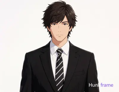 an anonymous figure adult man with fair light tan skin, dark brown medium-length tousled hair with s