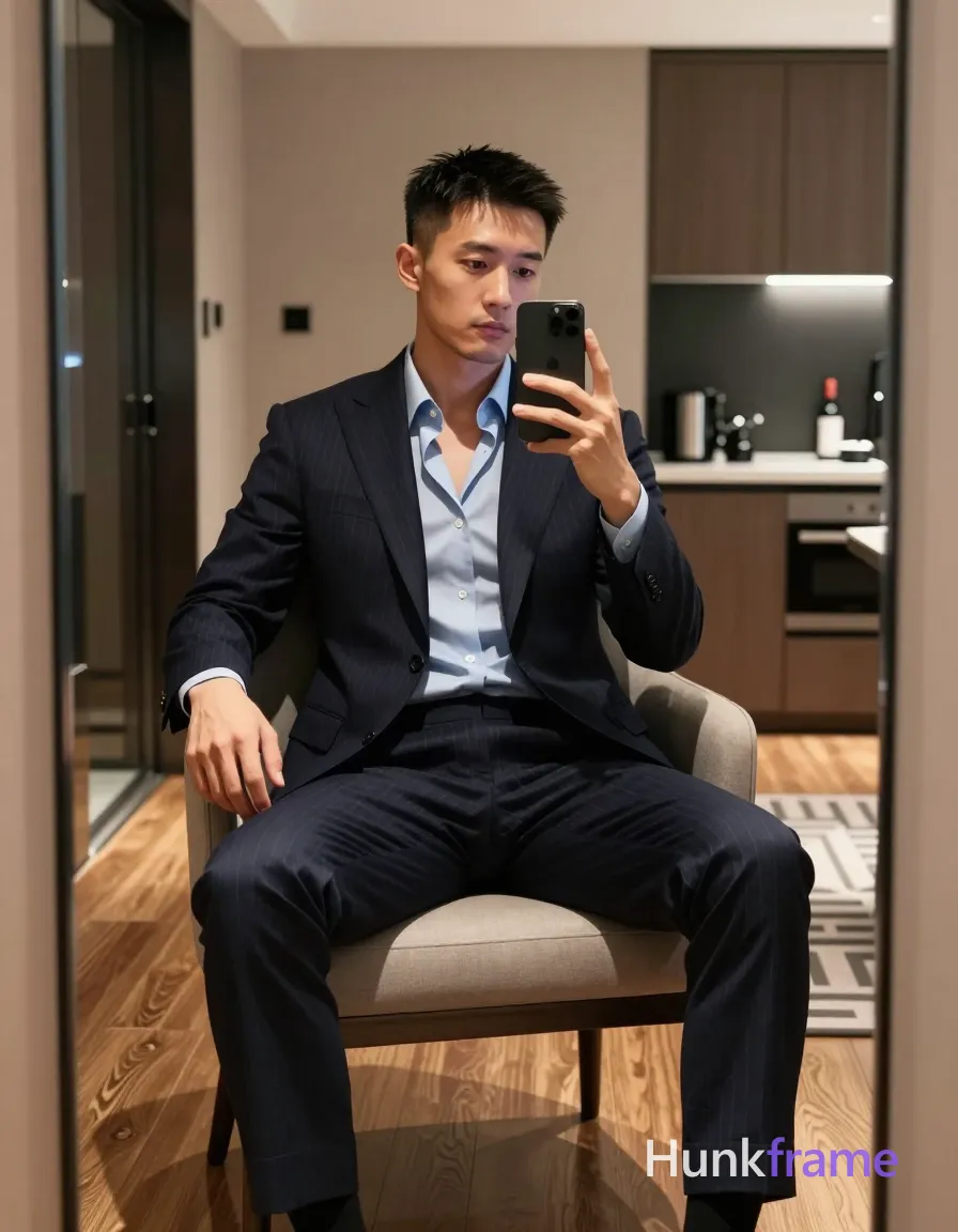 Photograph of exactly 1 adult man. Man 1: East Asian, light to medium tan, oval with defined jawline, short black hair, straight texture, neat side part, clean-shaven. Man 1 has fully exposed eyes, eyebrows, temples and nose bridge. East Asian man with light tan skin, slim athletic build seated in armchair. Holding black smartphone for mirror selfie while resting right hand on chair armrest. Dark navy pinstripe suit jacket open over bare chest, light blue shirt collar unbuttoned. Vertical portrait full-body shot from knees up framed within modern hotel suite mirror reflection. Modern interior with wooden floors, geometric rug, and kitchenette background visible behind subject. Soft ambient indoor lighting reflecting off polished wood floor and glass mirror surface evenly. Fine-art photography emphasizing tailored suit textures against bare-chested silhouette in neutral tones