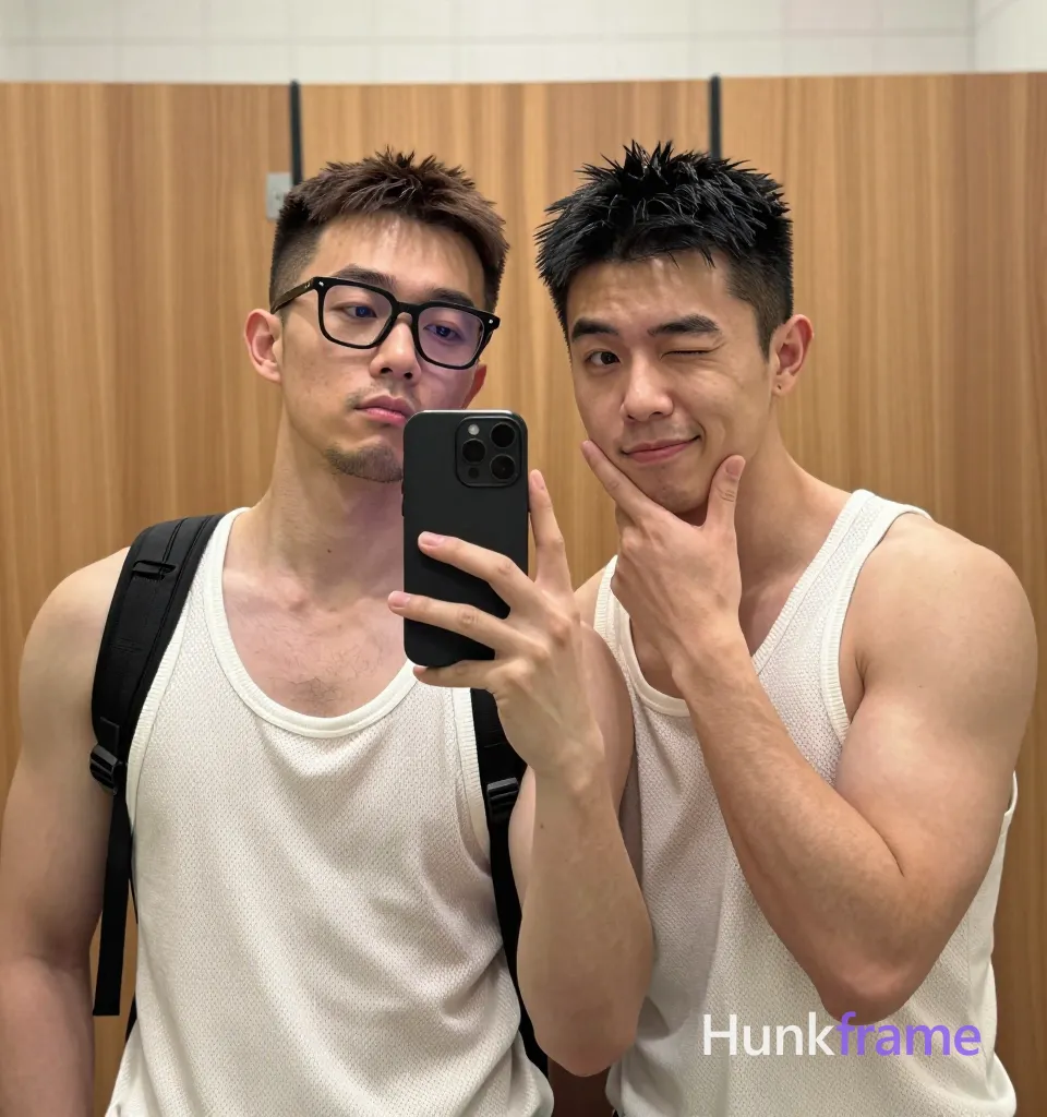 Two adult Asian men standing close together in a mirror selfie, left side of frame holding black smartphone with Tom & Jerry case obscuring partial faces; Left subject: shirtless, broad shoulders, defined pectorals, thick arms, clean-shaven square jaw, short buzz cut fade dark brown hair, neutral gaze upward wearing black rectangular frames thin rims clear lenses, white mesh tank top worn open over bare chest, visible chest and arm hair, black backpack straps; Right subject: standing close touching own cheek smiling winking left eye, oval face soft jawline spiky short cut textured top, clean-shaven full lips stud earring in left earlobe unobstructed face with both eyes, irises, eyebrows, temples, and nose bridge clearly visible, shirtless broad shoulders defined pectorals thick arms, white mesh tank top worn open over bare chest visible chest and arm hair; Indoor bathroom or locker room wooden paneling white walls soft ambient indoor lighting black white skin tones wood brown palette casual intimate playful mood portrait vertical 13:19 aspect ratio photo realistic; single clean uninterrupted photograph with a cohesive editorial composition and plain continuous surrounding surfaces