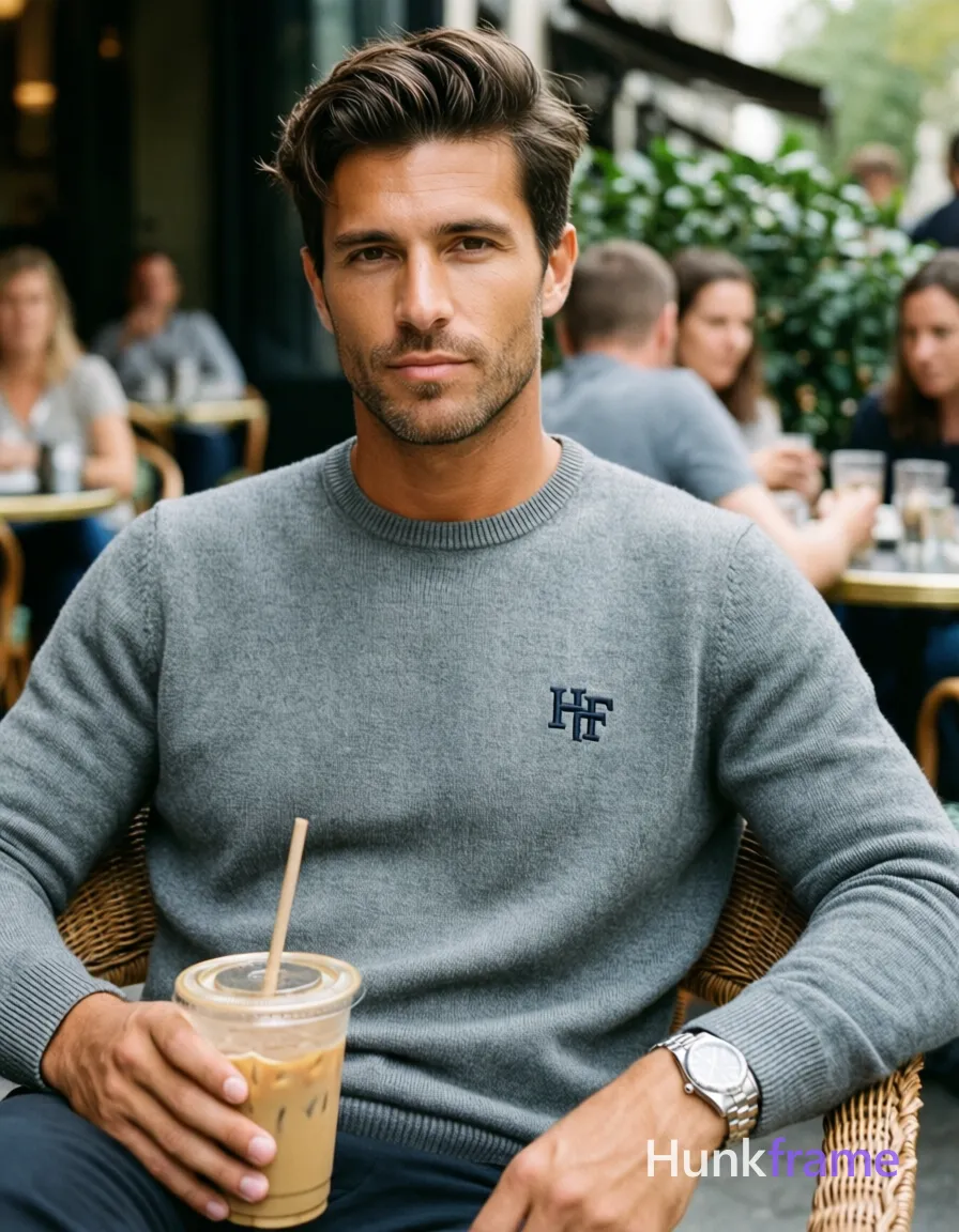 an anonymous figure man with light to medium tan skin and natural sun highlights, short textured dark brown hair side-swept on top; Clean-shaven chin and jawline with faint upper lip stubble; Seated upright in wicker chair outdoors, left arm resting on thigh holding iced coffee cup with straw, right hand obscured by sleeve; Wearing grey crewneck sweater with 'HF' logo embroidered on left chest; Lean build waist-up portrait centered against softly blurred café patrons and foliage background; Silver-toned metal-link watch visible under cuff; Shallow depth of field, soft natural daylight, fashion editorial composition, clean lines, minimal distractions; FULL GARMENT TEXT REPLACEMENT: remove every source garment word, sentence, slogan, logo, and partial brand spelling from every existing print area, then replace those source marks with only the wordmark, spelled exactly "HF"; This is replacement, Repeated "HF" marks are allowed only where the source garment already had printed text; preserve appropriate placement, typography, color, and scale, logo, caption, username, hashtag, comment, watermark, or UI; single clean uninterrupted photograph with a cohesive editorial composition and plain continuous surrounding surfaces