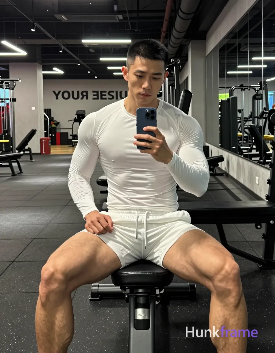 Asian man with short black buzz cut and clean-shaven face, neutral direct gaze into mirror reflection, seated on gym bench facing forward; Shirtless adult wearing white long-sleeve compression shirt covering torso from neck to waistline and matching white athletic shorts ending mid-thigh with visible drawstring waistband; Legs spread wide apart with knees bent, thighs prominently displayed showing thick quads and defined glutes; calves partially visible below hem; Holding dark blue smartphone vertically in right hand capturing mirror reflection, left hand resting on left thigh near hip area; Indoor gym environment with exposed ceiling pipes, industrial lighting fixtures, black rubber flooring speckled with white flecks, mirrored walls reflecting fitness equipment behind him on right side and wall text 'YOUR DEST'; Overhead track lights casting directional shadows across face and torso, ambient fluorescent glow creating soft highlights on light-medium skin tones; High-contrast gym photography, mirror selfie composition, premium fashion-editorial framing via industrial backdrop, confident focused masculine mood; FULL TEXT REPLACEMENT: remove every original source word, sentence, slogan, logo; single clean uninterrupted photograph with a cohesive editorial composition and plain continuous surrounding surfaces