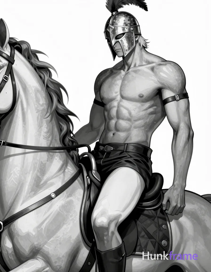 Adult masculine man with light-medium skin and sculpted torso, shirtless bare chest showing defined musculature. He wears a plumed helmet obscuring the face and flowing draped cloth around upper arms while seated atop a rearing horse. Left leg bent with foot near thigh, right leg extended downward along the flank displaying thick thighs in high-contrast black-and-white illustration rendered as a tattoo on skin. Close-up crop centered on the limb area against a plain light-colored background. Soft directional lighting highlights muscle definition and shading within strong chiaroscuro tones. Polished anime 2.5D next-gen game art style with expressive anatomy., same aesthetic theme and photo feel as the reference but a different man in a different pose with distinct body proportions, Northern European man, light freckled skin, dirty blond hair, tall lanky runner frame, a single uninterrupted photograph only, no written words or typography anywhere in frame, no captions, no app UI, no social-media post layout, no screenshot borders
