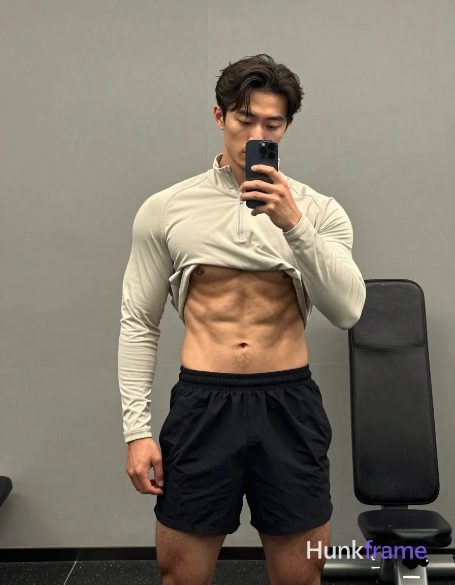 Asian man with light-medium skin and short dark wavy hair parted left, clean-shaven chin with upper lip stubble; Standing in gym interior near plain gray wall background black weight bench to right holding black smartphone vertically right hand obscuring lower face looking down at screen slight lean forward torso bare chest showing defined pectorals and light chest hair; Beige long-sleeve an anonymous figure quarter-zip worn open over bare chest Black athletic shorts ending mid-thigh thick thighs muscular calves visible soft directional lighting from left side creating subtle shadows on face and torso slightly grainy texture natural color grading vertical portrait orientation 13:19 aspect ratio candid iPhone selfie energy real lifestyle scene trendy influencer vibe; single clean uninterrupted photograph with a cohesive editorial composition and plain continuous surrounding surfaces