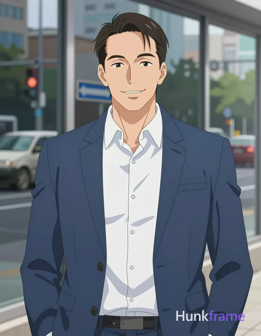 Adult white man, short dark brown hair with receding hairline and straight texture, smiling direct gaze; Wearing a blue textured blazer jacket worn open over a white button-down shirt, fully clothed adult slim build standing upright facing forward with shoulders relaxed and head centered in frame; Polished anime 2.5D next-gen game art style rendering expressive face and athletic anatomy against an urban background with glass windows reflecting street elements including vehicles and traffic lights; Vertical portrait orientation 13:19 aspect ratio, natural daylight creating shallow depth of field with blurred city backdrop, clean composition focusing on subject's face and upper body in high-quality character rendering; single clean uninterrupted artwork with a cohesive composition and plain continuous surrounding surfaces