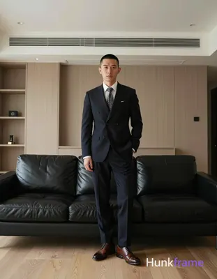 Asian man with short black buzz cut and clean-shaven face stands upright leaning against a black lea