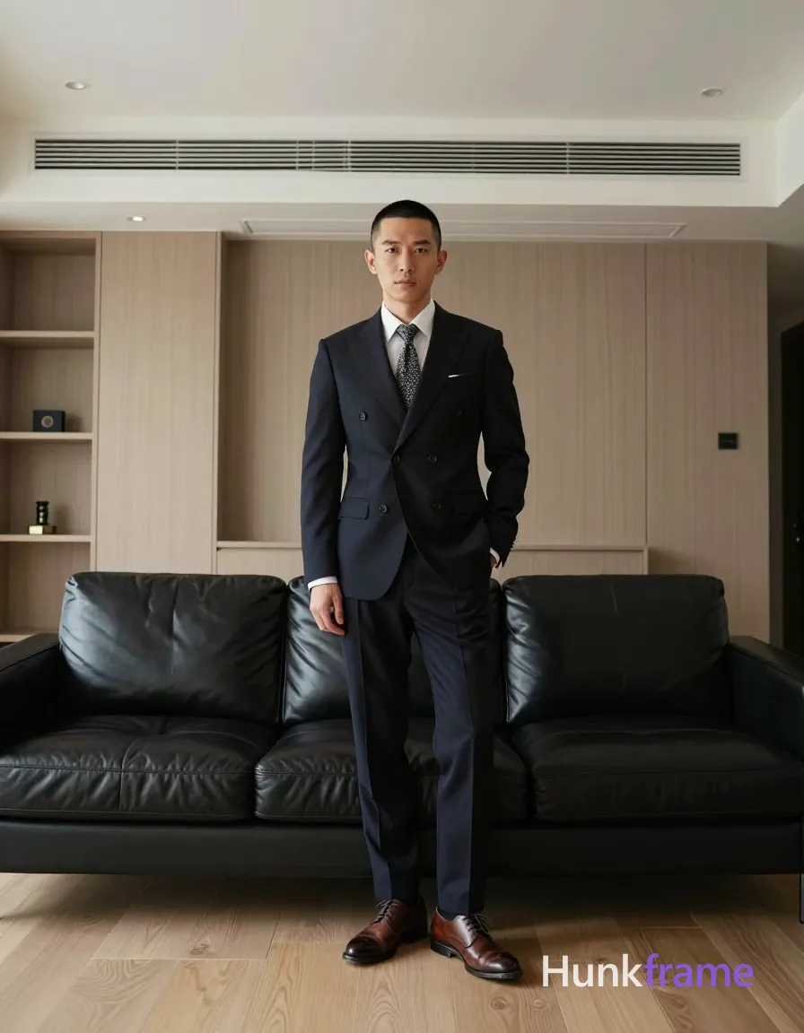Asian man with short black buzz cut and clean-shaven face stands upright leaning against a black leather sofa, left hand in pants pocket right arm loose; He wears dark navy single-breasted suit jacket over white dress shirt with patterned necktie extending to waistline, matching trousers ending above ankle bone, brown lace-up oxford shoes showing slight wear on toe caps; Full-body shot head-to-toe centered vertically and horizontally occupying majority of vertical space from floor to ceiling line in modern living room featuring light wood flooring beige vertical-paneled walls built-in cabinetry with recessed shelving unit containing small decorative items black leather sectional sofa behind subject white ceiling with linear air vent and recessed lighting fixtures; Soft ambient indoor illumination creates even exposure across face and suit fabric without harsh shadows clean lines minimalist interior design aesthetic polished mood fine-art photography dramatic lighting sculpted pose homoerotic aesthetic premium fashion-editorial style, same aesthetic theme and photo feel as the reference but a different man in a different pose with distinct; single clean uninterrupted photograph with a cohesive editorial composition and plain continuous surrounding surfaces