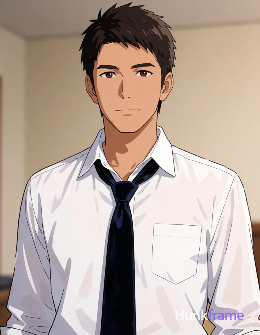 an anonymous figure adult man with light to medium tan skin texture and minor blemishes, short dark brown hair with spiky front strands, clean-shaven face; He stands upright facing camera directly in a polished anime 2.5D next-gen game art style; Shirtless upper torso reveals bare chest and neck, wearing an open white button-down dress shirt collar and a loose dark navy blue velvet-textured tie hanging down center; Lean build physique with relaxed squared shoulders; Indoor room setting with plain beige wall background and soft ambient lighting creating shallow depth of field blur behind him; single clean uninterrupted artwork with a cohesive composition and plain continuous surrounding surfaces