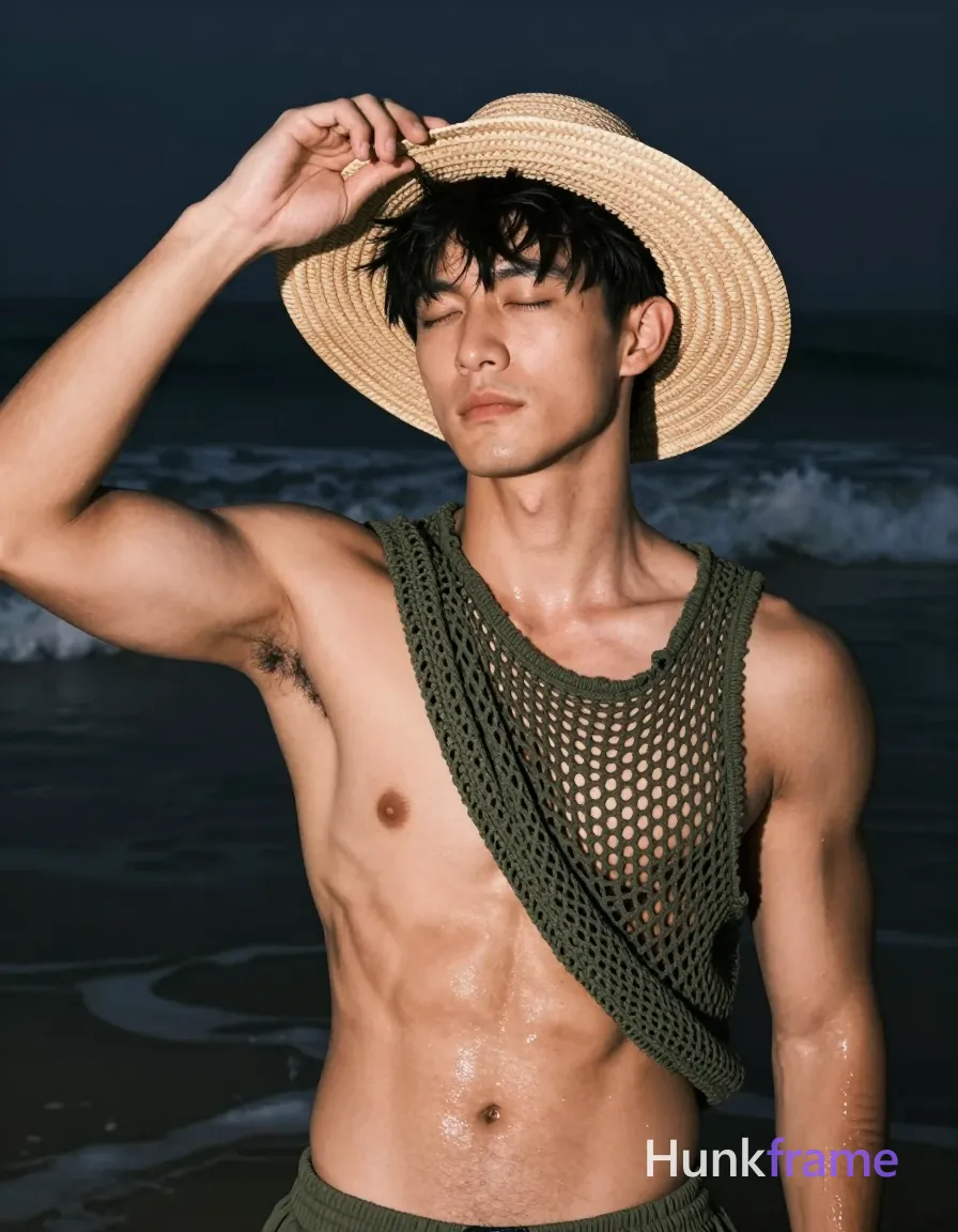 Asian man with tanned skin and short black straight hair stands in shallow water at night, adjusting a wide-brimmed straw hat on his head; He is shirtless with an olive-green open-knit mesh garment draped over shoulders exposing the entire chest and abdomen; Broad shoulders defined pectorals visible abdominal definition clean-shaven face relaxed expression eyes closed squinting against light torso angled toward camera close-up framing from mid-chest up to forehead shallow depth of field blurring dark ocean waves background dramatic directional lighting highlighting sculpted musculature skin sheen high-contrast fine-art photography vertical portrait orientation; single clean uninterrupted photograph with a cohesive editorial composition and plain continuous surrounding surfaces