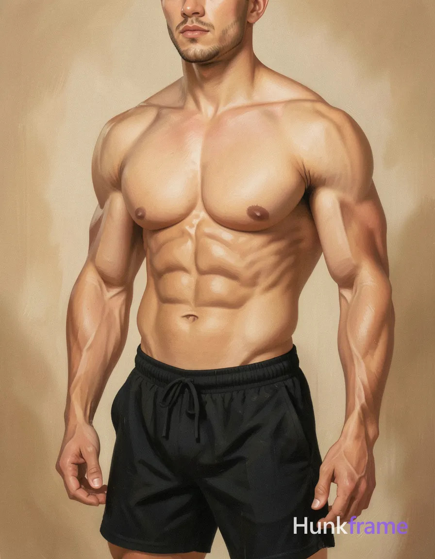 a handsome masculine male with a compact athletic build standing front-facing and slightly angled to the left, shirtless with defined abs and thick muscular thighs. The image is a vertical portrait with a 4:7 aspect ratio (768x1344 canvas), focusing on his torso while showing only the head and shoulders. Warm tones in a romantic, painterly style set in a soft-lit studio-like environment