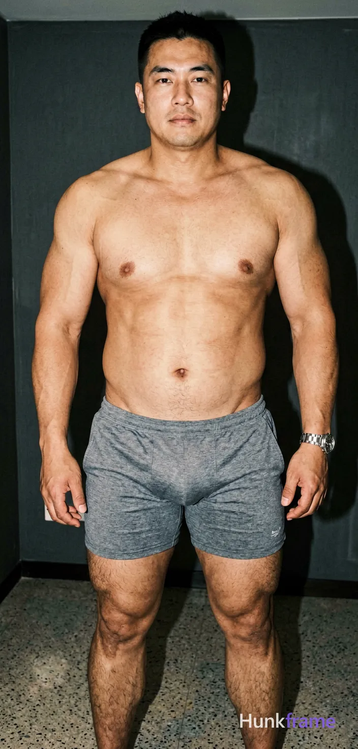 A confident adult man with a muscular build and thick thighs stands facing forward in an indoor room He wears unobstructed face with both eyes, irises, eyebrows, temples, and nose bridge clearly visible; left arm relaxed at side showing a wristwatch on grey athletic shorts reaching mid-thigh while standing shirtless under direct flash lighting that casts sharp shadows behind him; The vertical 13:19 composition captures the full body from waist up with head cropped, emphasizing skin tones against dark walls and speckled floors in a tasteful suggestive mood; securely fitted underwear or swim trunks with complete frontal coverage; single clean uninterrupted photograph with a cohesive editorial composition and plain continuous surrounding surfaces