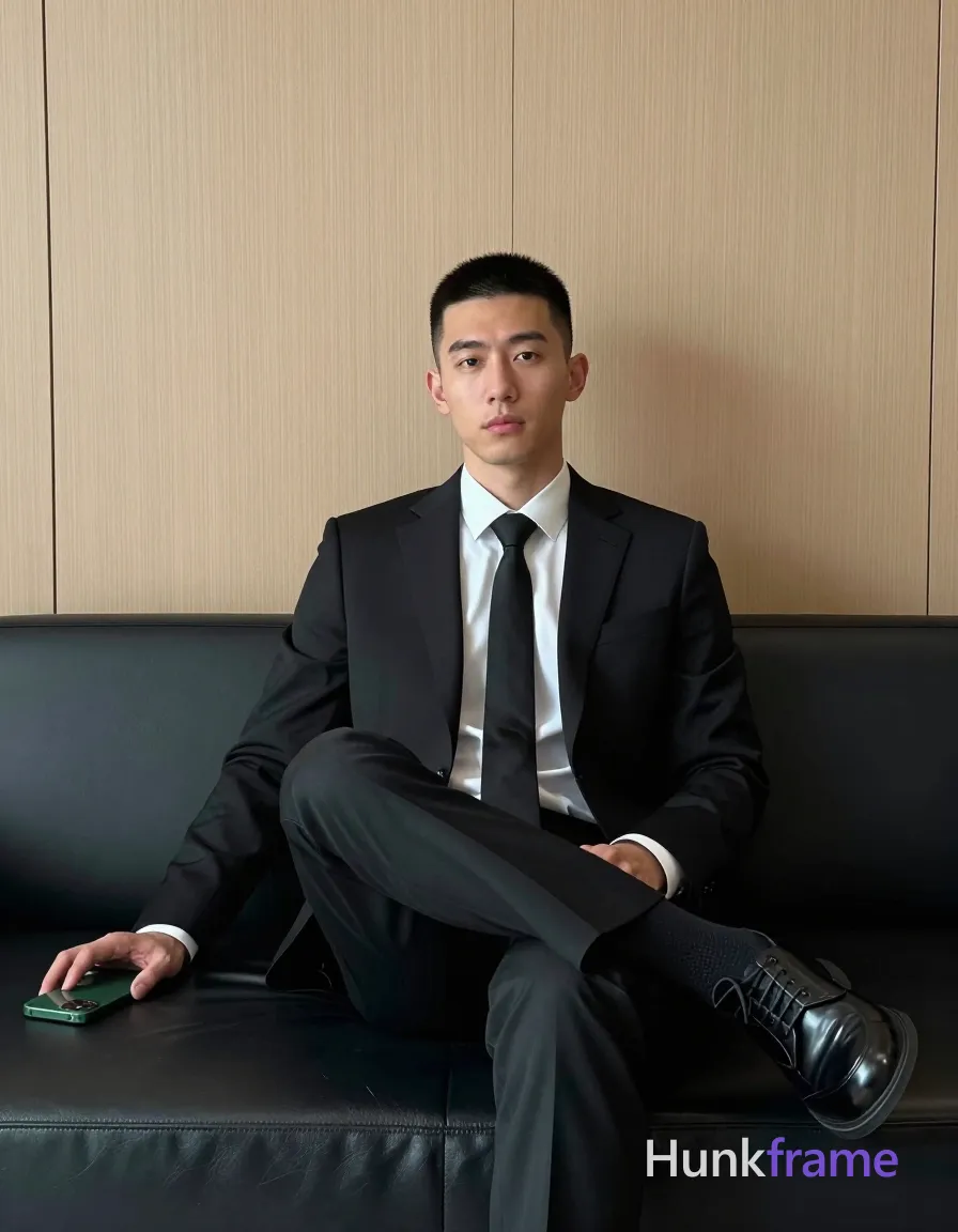 an anonymous figure man with short black buzz cut and clean-shaven face, neutral serious gaze directed at camera; Seated on black leather sofa in a modern interior with light wood-paneled walls, left leg crossed over right knee with foot resting on opposite thigh; Wearing a black two-piece suit jacket and trousers, white dress shirt collar visible at neck and cuffs, solid black tie knotted neatly at throat; Fully clothed adult slim build torso upright relaxed posture; Green smartphone held in left hand resting on armrest; Soft ambient indoor lighting even illumination on face and beige/tan wood paneling palette; Clean lines minimalist interior formal attire contrasted with relaxed posture vertical portrait orientation 832x1216 canvas; single clean uninterrupted photograph with a cohesive editorial composition and plain continuous surrounding surfaces