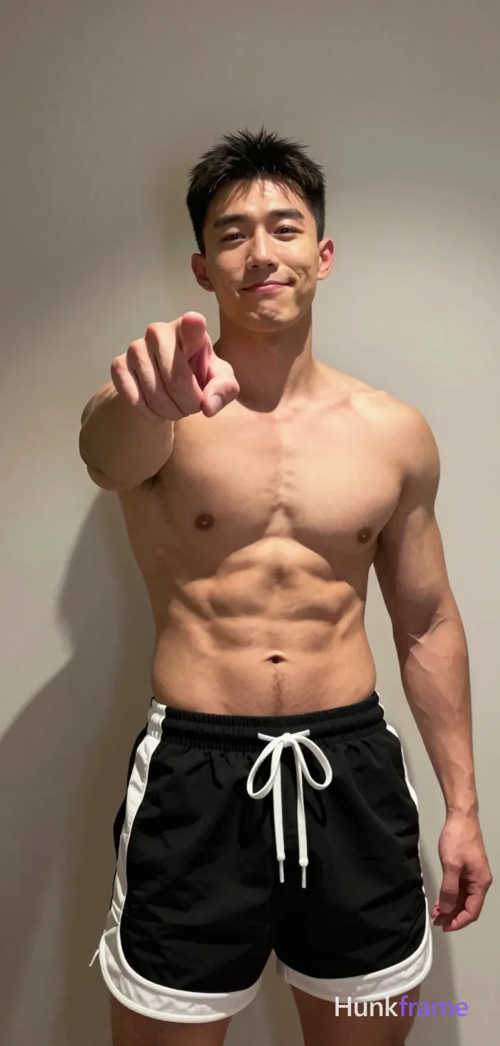 Asian man with light-medium skin and short dark hair, clean-shaven face smiling slightly. Standing facing camera in a premium fashion editorial pose, right hand extended forward pointing directly at viewer index finger. Shirtless bare chest revealing defined abs and broad shoulders, wearing black and white athletic shorts with drawstring waist. Indoor plain wall background lit by soft directional light from the right side creating sculpted shadows on skin texture. Mobile video screenshot aesthetic with slightly grainy film stock look, vertical portrait composition centered framing upper body visible from mid-thigh up., a single uninterrupted photograph only, no written words or typography anywhere in frame, no captions, no app UI, no social-media post layout, no screenshot borders