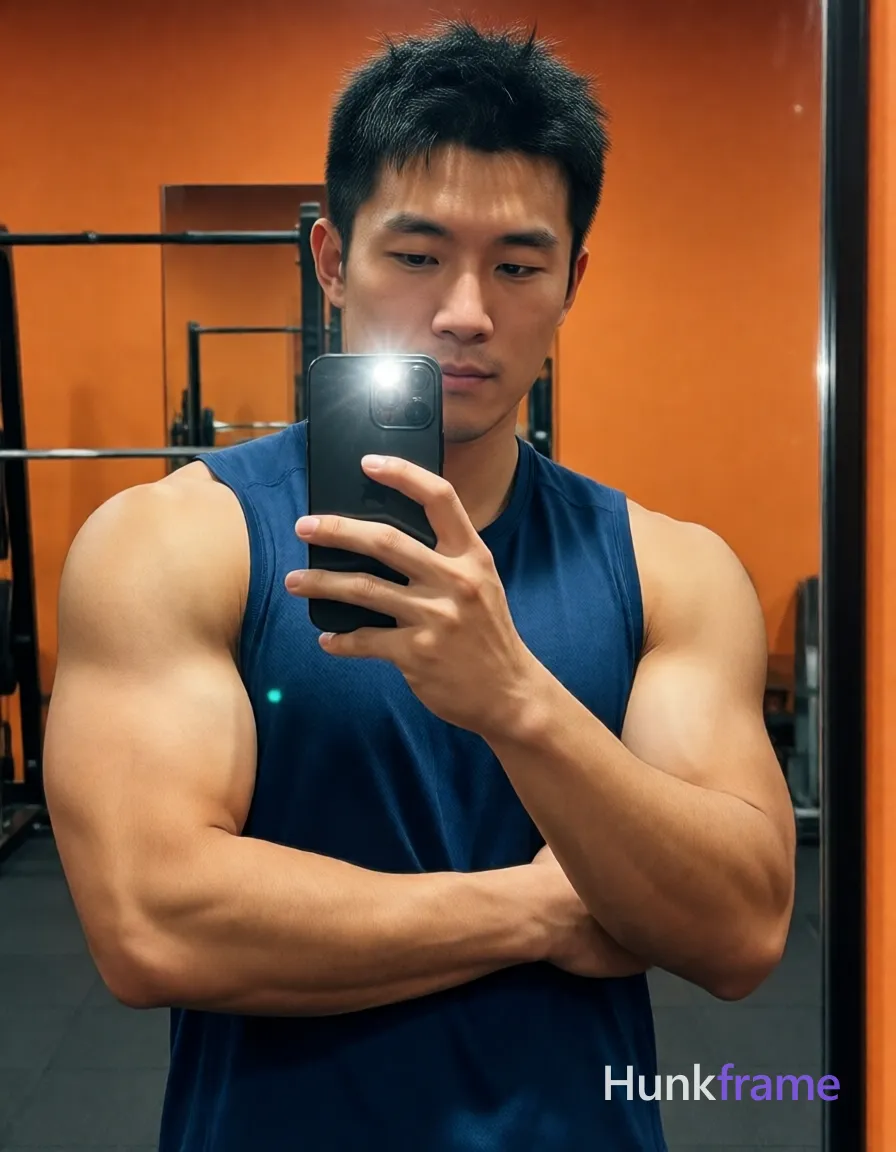 Asian man with light to medium tan skin and short dark black hair featuring a textured top with slightly spiky front; He stands in front of an indoor mirror against an orange wall background, holding a black smartphone with both hands to capture a high-contrast mirror selfie reflection; His left arm crosses over his chest while he wears a dark blue sleeveless athletic tank top covering his torso fully; The image displays sharp focus on highly muscular build defined deltoids and biceps with visible vascularity on arms under direct frontal lighting from the phone flash, shot on iPhone 15 Pro main camera, authentic smartphone computational photography, natural Smart HDR, vertical 9:16 Xiaohongshu lifestyle post, bright clean gym or cafe scene, wardrobe matching reference outfit, confident everyday blogger pose, phone photo with natural grain, phone held naturally in one hand for selfie, phone visible in frame; single clean uninterrupted photograph with a cohesive editorial composition and plain continuous surrounding surfaces