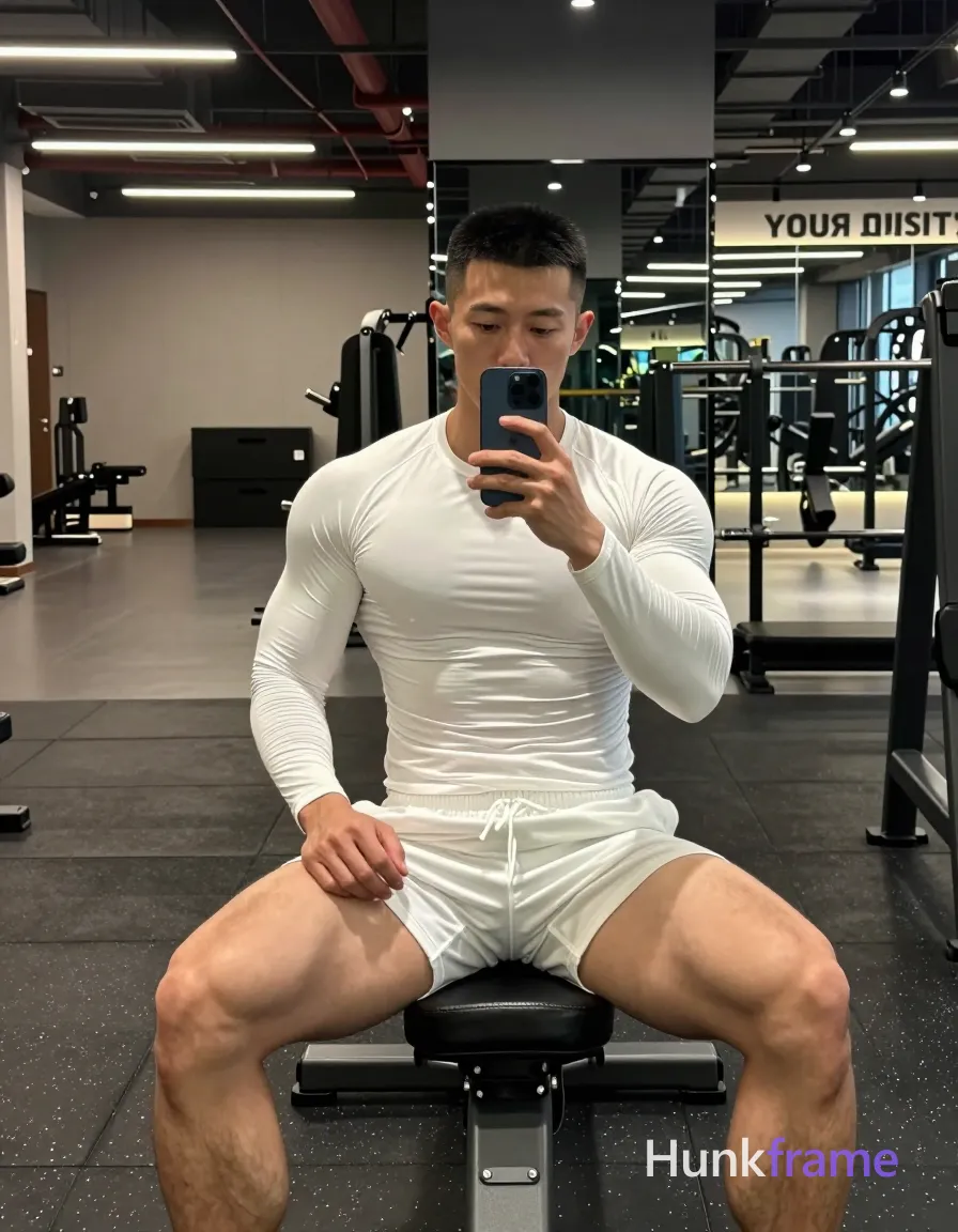 Asian man with short black buzz cut and clean-shaven face, neutral direct gaze into mirror reflection, seated on gym bench facing forward; Shirtless adult wearing white long-sleeve compression shirt covering torso from neck to waistline and matching white athletic shorts ending mid-thigh with visible drawstring waistband; Legs spread wide apart with knees bent, thighs prominently displayed showing thick quads and defined glutes; calves partially visible below hem; Holding dark blue smartphone vertically in right hand capturing mirror reflection, left hand resting on left thigh near hip area; Indoor gym environment with exposed ceiling pipes, industrial lighting fixtures, black rubber flooring speckled with white flecks, mirrored walls reflecting fitness equipment behind him on right side and wall text 'YOUR DEST'; Overhead track lights casting directional shadows across face and torso, ambient fluorescent glow creating soft highlights on light-medium skin tones; High-contrast gym photography, mirror selfie composition, candid iPhone selfie energy, real lifestyle scene, vertical social-feed look, trendy influencer vibe; FULL TEXT REPLACEMENT: remove every original source word; single clean uninterrupted photograph with a cohesive editorial composition and plain continuous surrounding surfaces