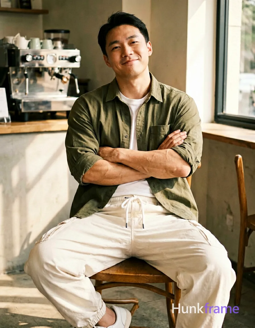Asian man seated on wooden chair, arms crossed over chest with relaxed confident smile and slight head tilt; Wearing olive green button-down shirt open at collar revealing white crew-neck t-shirt neckline underneath; sleeves rolled to mid-forearm showing defined biceps and triceps under fabric; Off-white loose-fitting cargo pants with drawstring waistband partially obscuring thick thighs, paired with white low-top sneakers visible at bottom frame; Indoor cafe setting with espresso machine in background, natural daylight streaming from right window creating soft shadows on face; High-key lighting typical of lifestyle editorial photography, slight film-like warmth, vertical portrait composition capturing head to knees; securely fitted underwear or swim trunks with complete frontal coverage; single clean uninterrupted photograph with a cohesive editorial composition and plain continuous surrounding surfaces