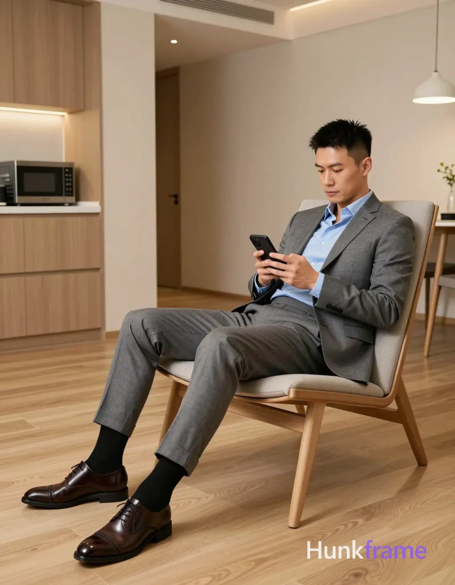 Full body shot of an adult man reclining on a modern lounge chair, right side of frame; He has short black hair with a fade and is clean-shaven; Wearing a grey suit jacket worn open over a light blue button-down shirt with top buttons undone exposing neck and collarbone, matching grey tailored trousers cuffed at ankles, black dress socks pulled up fully, dark brown leather oxford shoes; Holding a black smartphone in both hands near chest level looking down focused and relaxed; Modern interior space with light wood flooring, beige walls, built-in kitchenette unit visible on left side including countertop and microwave oven, dining area in background; Soft ambient indoor lighting creating gentle shadows under furniture and along floorboards; Clean lines, minimalist aesthetic, warm tones dominating scene composition; single clean uninterrupted photograph with a cohesive editorial composition and plain continuous surrounding surfaces