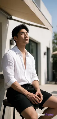 Asian man with light-medium skin and black short hair styled with volume, clean-shaven face looking 