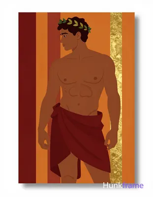 Bold flat-color wall art graphic of a bronze-skinned man with short dark curly h