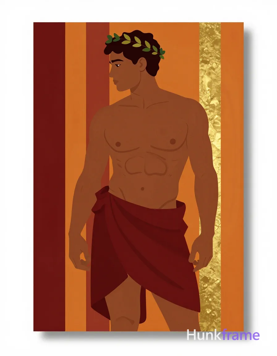 Bold flat-color wall art graphic of a bronze-skinned man with short dark curly hair and wreath accessory in contrapposto profile. Shirtless torso displays sculpted abs and broad shoulders as he holds draped fabric near hip against deep red, burnt orange, and gold vertical columns. Clean vector lines define the high-contrast silhouette from head to mid-thighs within a painterly composition., a single uninterrupted photograph only, no written words or typography anywhere in frame, no captions, no app UI, no social-media post layout, no screenshot borders