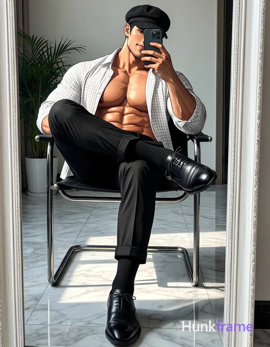 Adult man seated on a black metal-framed chair, legs crossed with right over left knee, torso leaning forward holding phone for mirror selfie. Shirtless upper body exposing broad shoulders and defined pectorals; white checkered button-down shirt worn open at chest revealing abdominal muscles through placket. Black tailored trousers with cuffed hems meet black ribbed crew socks pulled mid-calf and black leather cap-toe oxford shoes. Framed within a white-framed mirror reflection showing marble-tiled floor tiles and background potted plant. Natural directional sunlight from left creates high-contrast highlights on bare chest and sharp shadow patterns on chair legs. Polished anime 2.5D next-gen game art style with expressive athletic anatomy, clean vector lines, confident masculine pose emphasizing torso definition., shot on iPhone 15 Pro main camera, authentic smartphone computational photography, natural Smart HDR and true-to-life skin texture, vertical 9:16 Xiaohongshu lifestyle feed, bright clean everyday scene, unretouched phone photo with subtle sensor grain, trendy Chinese internet 网红 aesthetic, candid influencer energy, phone held naturally in one hand for selfie, phone visible in frame, a single uninterrupted photograph only, no written words or typography anywhere in frame, no captions, no app UI, no social-media post layout, no screenshot borders