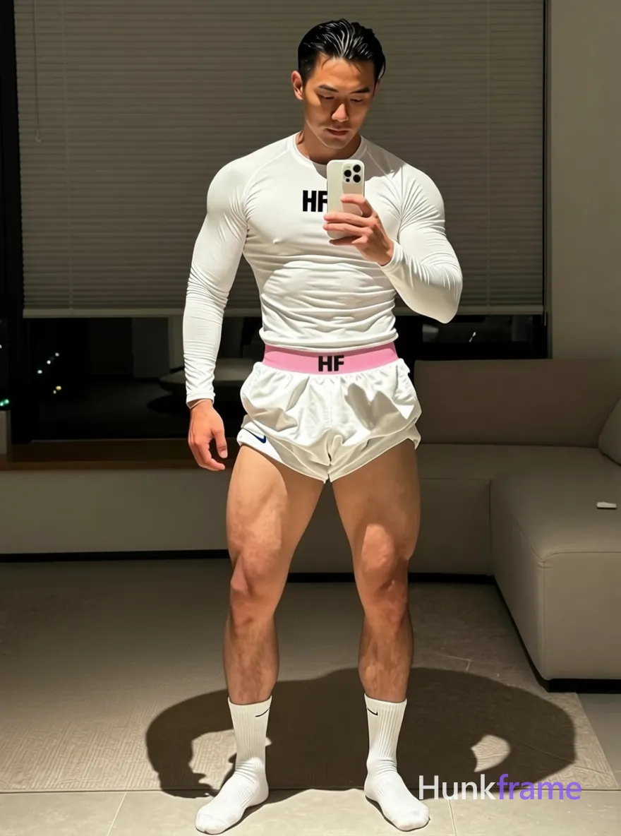 Asian man with tanned skin and black slicked-back hair, clean-shaven face looking down at a white smartphone held in left hand. Standing full-length mirror selfie pose, weight balanced on both legs, right arm relaxed by side. Wearing white long-sleeve compression shirt with centered black Nike swoosh logo, pink 'WOOM WOOM' waistband visible above white athletic shorts with blue swoosh, plain mid-calf socks, no shoes. Indoor residential space at night behind closed horizontal blinds, round stone coffee table and beige ottoman in background. Soft directional fill from front-left creating subtle shadows along torso and limbs, ambient warm interior glow reflecting off skin tones. High-resolution mirror selfie aesthetic, clean composition centered vertically within frame, dramatic lighting highlighting defined anatomy, thick thighs, and confident strength., shot on iPhone 15 Pro main camera, authentic smartphone computational photography, natural Smart HDR, vertical 9:16 Xiaohongshu lifestyle post, bright clean gym or cafe scene, wardrobe matching reference outfit, confident everyday blogger pose, phone photo with natural grain, Xiaohongshu mirror selfie, phone visible, soft ring light, authentic iPhone portrait mode bokeh, phone held naturally in one hand for selfie, phone visible in frame, a single uninterrupted photograph only, no written words or typography anywhere in frame, no captions, no app UI, no social-media post layout, no screenshot borders