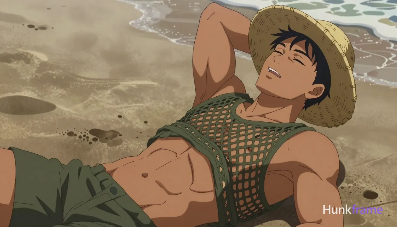 Polished anime 2.5D rendering of an Asian man with tanned skin reclining diagonally on sand at dusk, head tilted back and to the right; He is shirtless showing broad shoulders, defined pectorals, visible abdominal musculature, wearing a straw hat over head and olive-green open-knit mesh garment draped loosely around chest; Short black straight hair visible at temples with no bangs or sideburns; clean-shaven face with relaxed expression eyes closed mouth slightly open; High contrast shallow depth of field blurring background wet sand and wave line near top right corner, same aesthetic theme and photo feel as the reference but a different man in a different pose with distinct body proportions, Brazilian Latino man, warm olive skin, curly dark hair, compact athletic torso; single clean uninterrupted artwork with a cohesive composition and plain continuous surrounding surfaces