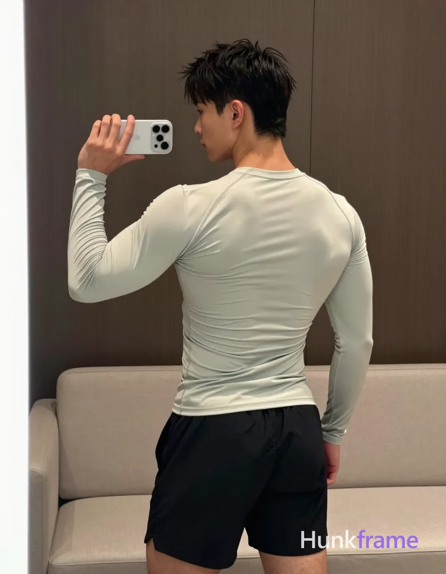 A handsome masculine man stands facing away from the camera toward a window or mirror, right arm raised holding a white smartphone at eye level to capture reflection; He wears a tight-fitting light gray off-white long-sleeve compression-style shirt covering entire torso with no chest exposure and black athletic shorts ending mid-thigh; Defined back musculature features prominent latissimus dorsi and trapezius against a narrow waistline suggesting low body fat; Short dark black hair with straight texture, clean-shaven neck and ears; Indoor living space background includes light-colored sofa and dark vertical wood-paneled wall; Soft ambient indoor lighting creates subtle highlights on sculpted back muscles; Vertical phone-camera crop showing subject from head to upper thighs centered in frame; single clean uninterrupted photograph with a cohesive editorial composition and plain continuous surrounding surfaces