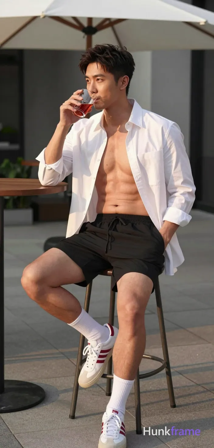 Asian man with light-medium skin and dark brown short hair styled with volume, clean-shaven face gazing off-camera left. Seated sideways on a metal bar stool outdoors under a white fabric canopy; right leg bent flat, left thigh crossed over right knee. Wearing an open white long-sleeve button-up shirt exposing upper chest and pectorals, black athletic shorts above the knee, mid-calf crew socks, and white sneakers with red stripes. Holding a clear glass with reddish liquid near mouth in right hand, left hand deep in pocket. Warm golden-hour sunlight from right casts soft shadows on tiled patio; shallow depth of field highlights natural skin texture against neutral grays., a single uninterrupted photograph only, no written words or typography anywhere in frame, no captions, no app UI, no social-media post layout, no screenshot borders