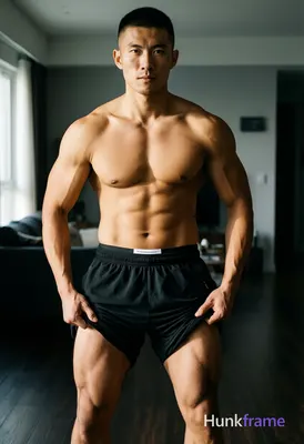 Asian man with short black buzz cut and clean-shaven face, shirtless bare chest 