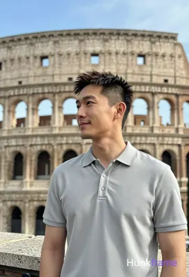 Asian man with light-medium skin and short dark hair featuring a textured top, faded sides, clean ne