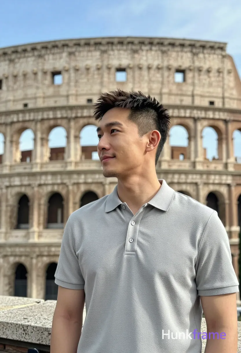 Asian man with light-medium skin and short dark hair featuring a textured top, faded sides, clean neckline; Clean-shaven face with light stubble on chin and jawline, calm composed expression with slight smile standing relaxed near blurred Colosseum background clear blue sky wearing light gray textured polo shirt fully clothed lean build occupying lower-right quadrant of frame candid iPhone rear-camera snapshot energy real lifestyle scene trendy influencer vibe shallow depth of field soft natural lighting warm beige stone tones vertical social-feed look 13:19 aspect ratio; single clean uninterrupted photograph with a cohesive editorial composition and plain continuous surrounding surfaces