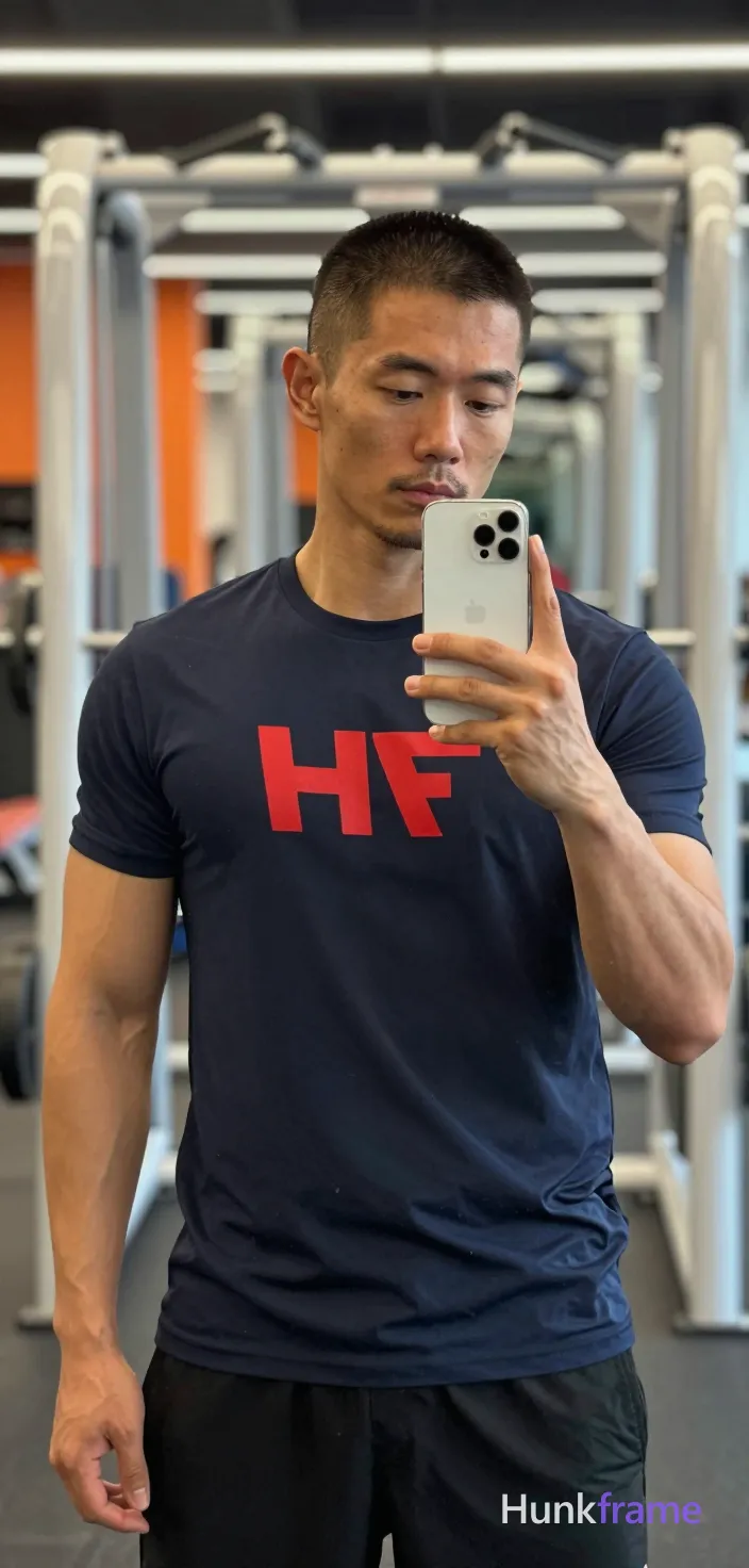 Asian man with medium-tan skin and short buzz cut, light stubble on jawline holding white smartphone in left hand for mirror selfie; Wearing dark navy blue an anonymous figure t-shirt with large red logo across chest; mirrored 'HF' text below it replaces all source branding exactly as HF wordmark would appear if present but none exists here so only garment details remain fully intact without extra logos; Standing upright facing slightly right of camera in gym mirror angle, torso relaxed engaged; Background shows blurred weight machines with white frames and orange accents under bright overhead artificial illumination creating soft shadows; Portrait vertical crop from chest to mid-thighs centered filling frame shoulders to thighs shallow depth of field blurring background naturalistic skin texture clean composition confident focused casual athleticism mood xhs-lifestyle candid iphone selfie energy real lifestyle scene trendy influencer vibe; FULL GARMENT TEXT REPLACEMENT: remove every source garment word, sentence, slogan, logo, and partial brand spelling from every existing print area, then replace those source marks; single clean uninterrupted photograph with a cohesive editorial composition and plain continuous surrounding surfaces