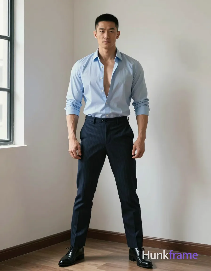 Asian man with short black buzz cut and clean-shaven face, standing casually in a sunlit home gym corner instead of seated on the bench; He wears a light blue long-sleeve button-down shirt unbuttoned at the top two buttons revealing bare chest from collarbone to navel, dark navy pinstripe dress pants with visible creases down front of legs, and black leather oxford shoes with pointed toes; Vertical social-feed composition capturing full-body shot including head-to-knees centered horizontally, occupying majority of vertical frame from head to mid-calf; Natural window light creates soft highlights on broad shoulders, defined pectorals, and toned abdominal muscles visible through shirt opening while inner thighs and knees are exposed due to relaxed standing pose with legs slightly apart, same aesthetic theme and photo feel as the reference but a different man in a different pose with distinct body proportions, Chinese man, light tan skin, high cheekbones, lean wiry martial-arts physique; single clean uninterrupted photograph with a cohesive editorial composition and plain continuous surrounding surfaces
