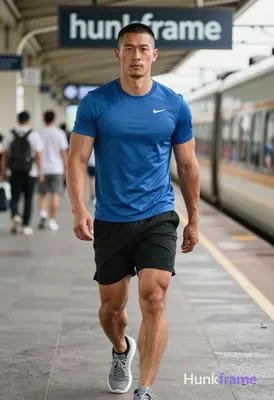 Asian man with short dark buzz cut and light stubble on upper lip He wears blue Nike crew neck t-shi