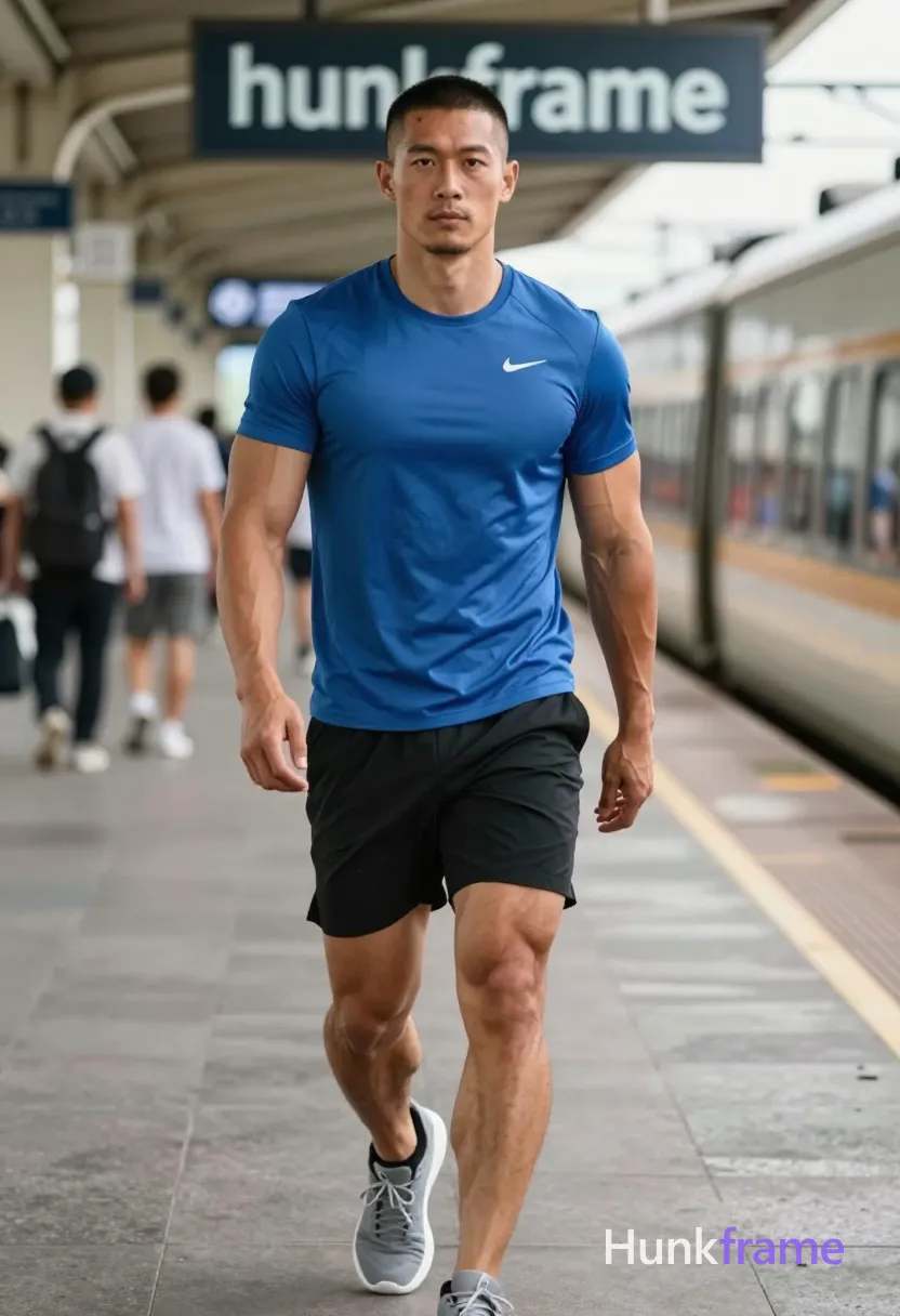Asian man with short dark buzz cut and light stubble on upper lip He wears blue Nike crew neck t-shirt, black athletic shorts above knee, gray sneakers with white soles; Walking forward mid-stride on train platform with slight lean right, left leg ahead; Highly muscular build defined biceps triceps visible vascularity forearms broad shoulders thick thighs below shorts; Vertical portrait crop head to mid-thighs center-left foreground; Background blurred passengers trains station overhead structure natural daylight shallow depth of field hunkframe; FULL TEXT REPLACEMENT: remove every original source word, sentence, slogan, logo, and partial spelling from the text-bearing area, then replace it with only the wordmark, spelled exactly "hunkframe" on the sign in the composition; This is replacement; Preserve appropriate typography and scale, logo, caption, username, hashtag, comment, watermark, or UI chrome, same aesthetic theme and photo feel as the reference but a different man in a different pose with distinct body proportions, Chinese man, light tan skin, high cheekbones, lean wiry martial-arts; single clean uninterrupted photograph with a cohesive editorial composition and plain continuous surrounding surfaces