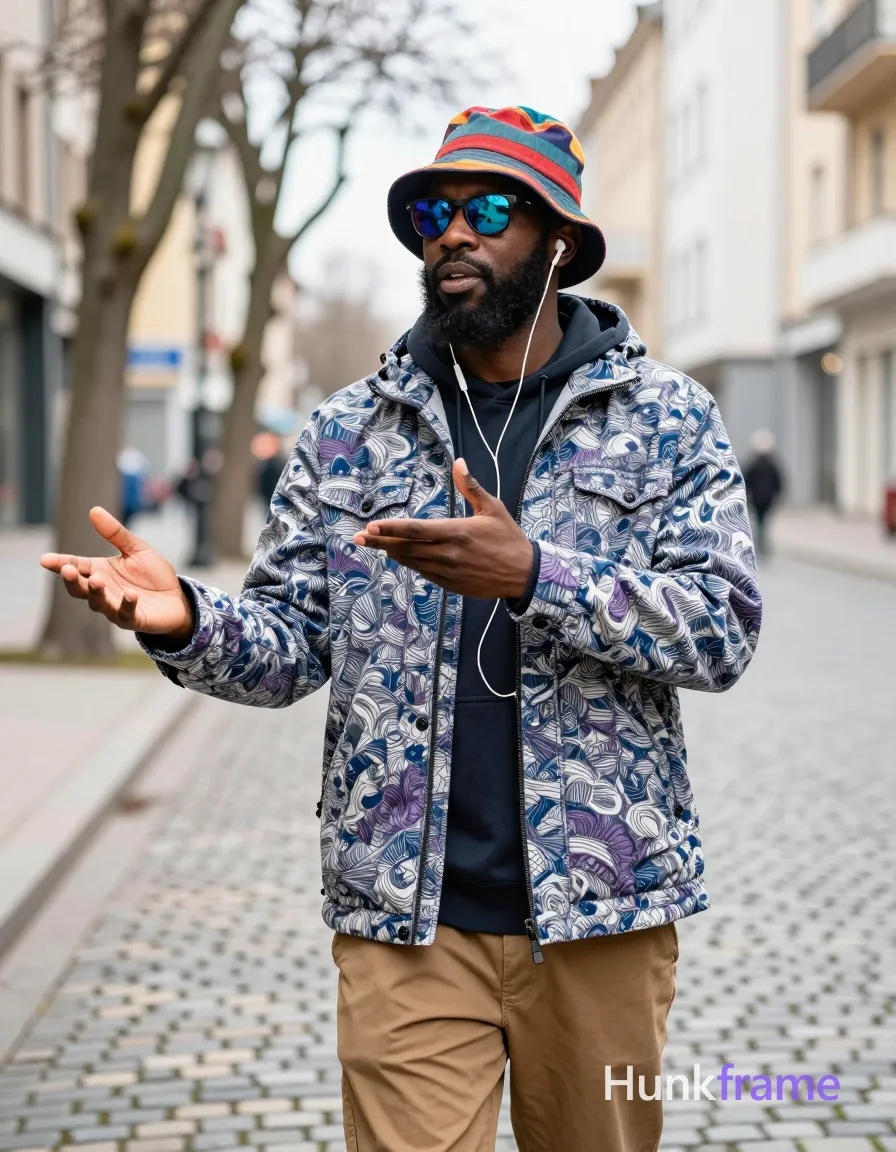 A confident Black man with medium-dark skin and a full beard stands in an urban European street, gesturing outward with both arms extended. He wears an open patterned blue/purple/white textured hooded jacket over dark layers, tan trousers, a colorful striped bucket hat, reflective sunglasses, and thin white wired earphones. A foreground arm reaches toward his palm-up hand while he looks forward mid-conversation. Natural overcast daylight illuminates the scene with cobblestone pavement and bare trees in the background., a single uninterrupted photograph only, no written words or typography anywhere in frame, no captions, no app UI, no social-media post layout, no screenshot borders