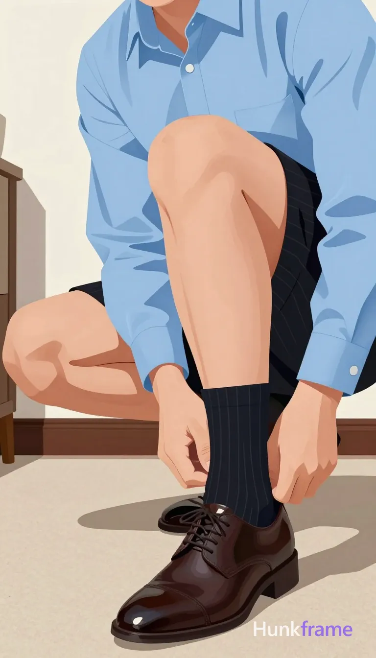 Bold flat-color wall art low-angle close-up of a masculine man crouching with knees bent, torso leaning forward out of frame. He adjusts right shoe with left hand while waistband of dark pinstripe dress trousers is pulled up mid-thigh on both legs revealing thick thighs. Light blue button-down shirt torso mostly cropped. Indoor room with carpeted floor and wooden furniture legs visible in background. High-contrast color blocking, clean vector line aesthetic., a single uninterrupted photograph only, no written words or typography anywhere in frame, no captions, no app UI, no social-media post layout, no screenshot borders